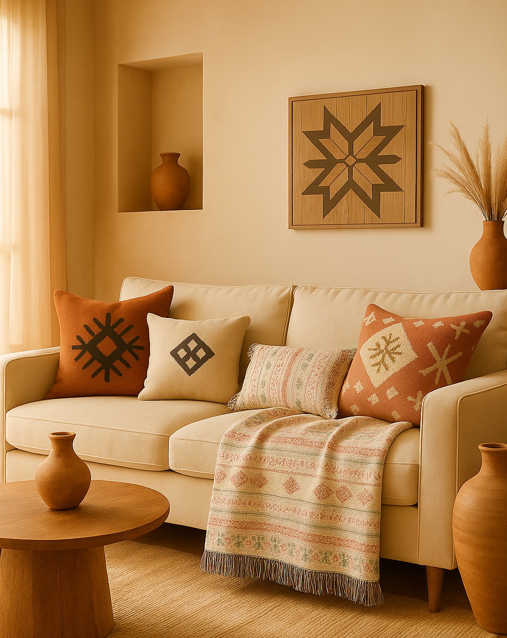 A cozy, sunlit boho living room in earthy tones (terracotta, beige, ivory, deep brown). Blankets and pillows with Amazigh-inspired geometric patterns on the sofa, with natural textures like woven fabrics, wood, and clay. Warm, inviting, and elegant.