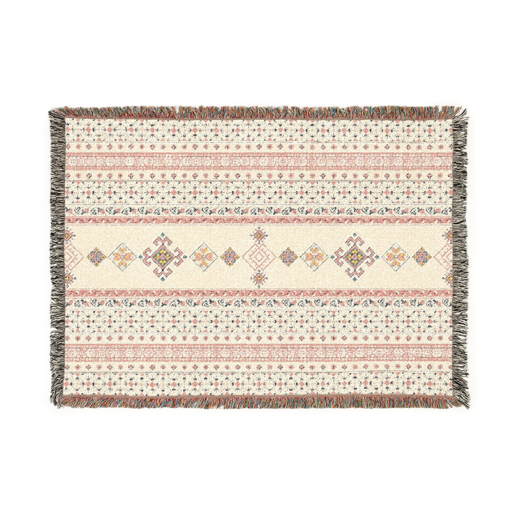 Pink Boho Woven Throw Blanket – Geometric Stripe Pattern in Cream and Terracotta (52'' × 37'')