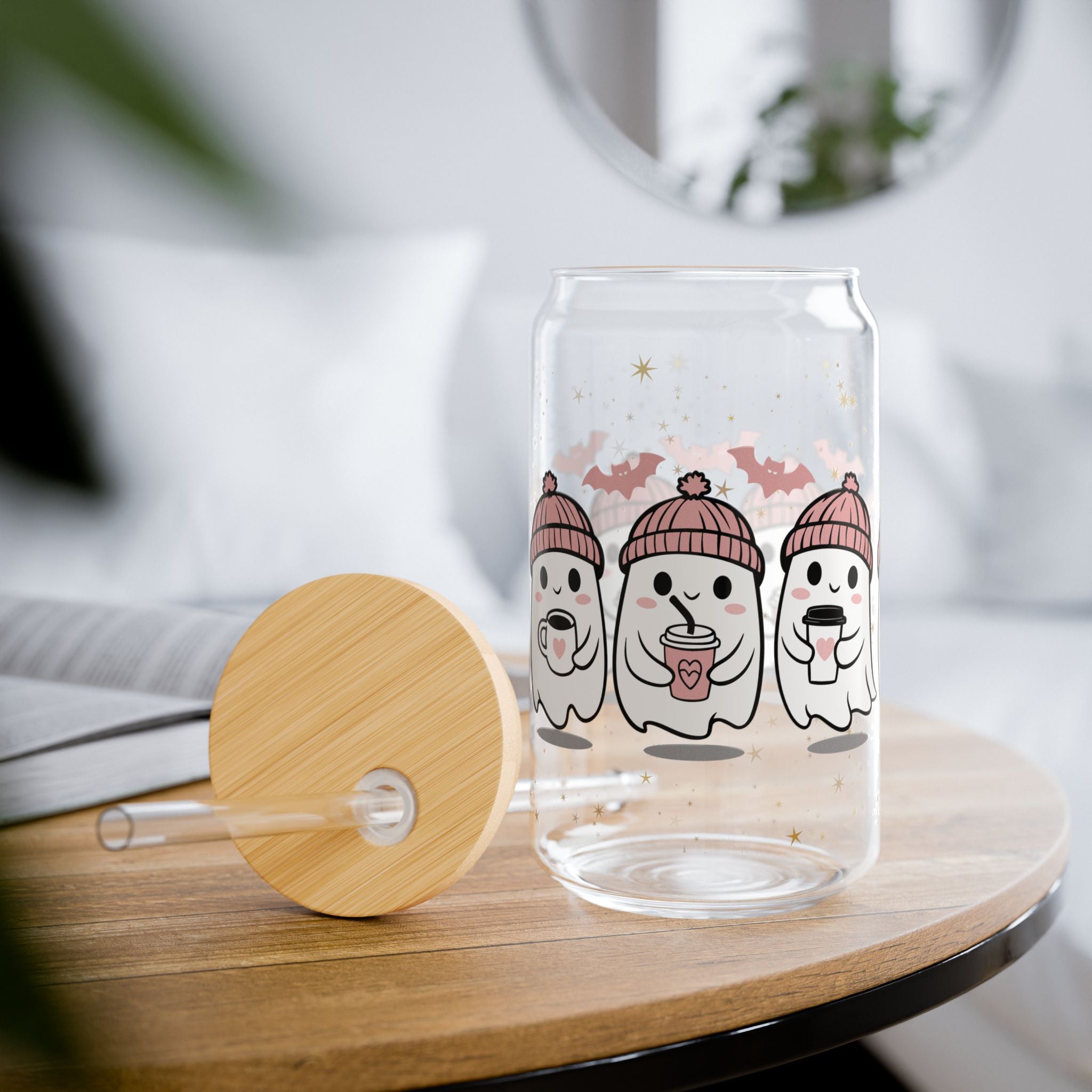 Cute Ghost Tumbler with Bamboo Lid & Straw | Pastel Halloween Coffee Glass | Cozy Fall Girly Mug
