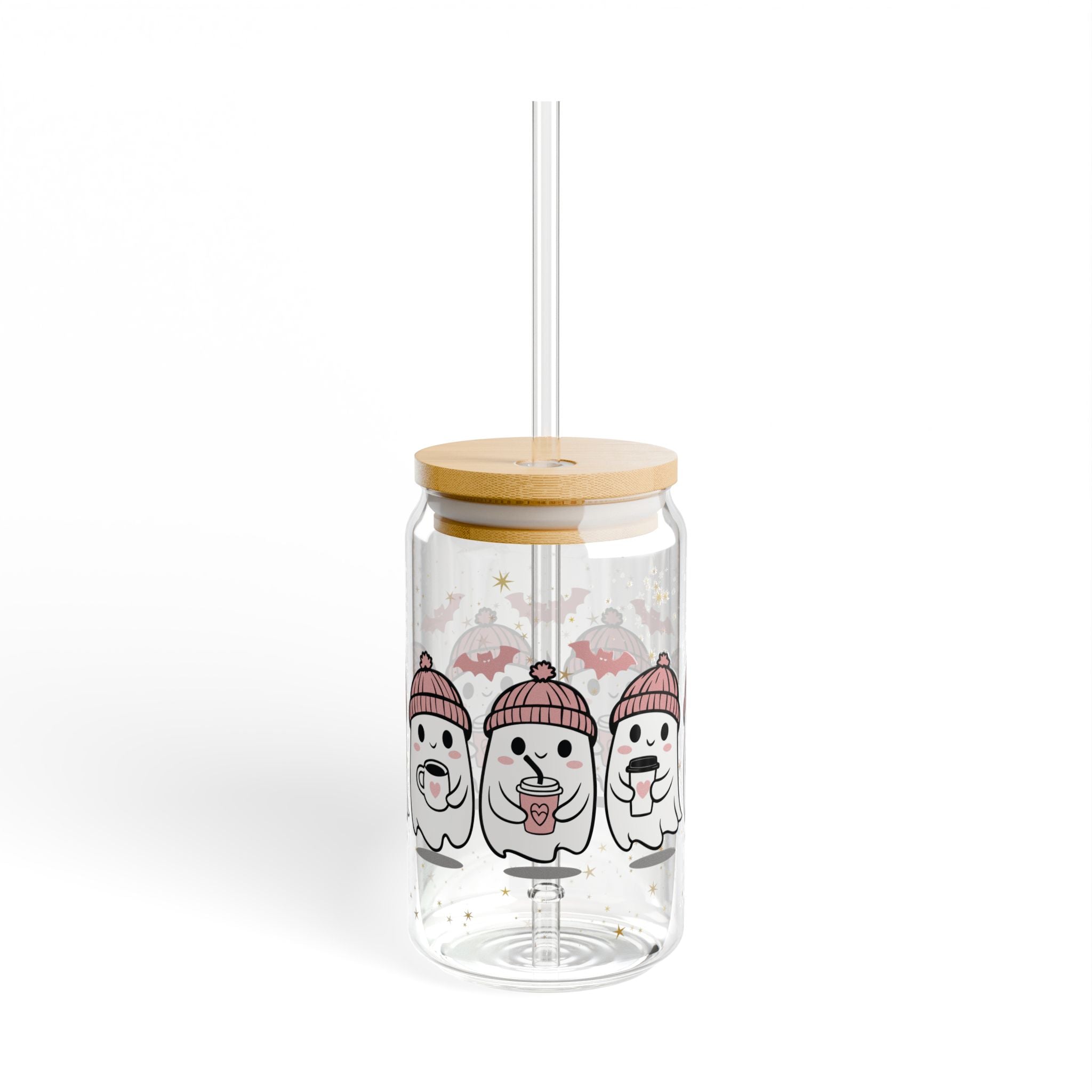 Cute Ghost Tumbler with Bamboo Lid & Straw | Pastel Halloween Coffee Glass | Cozy Fall Girly Mug