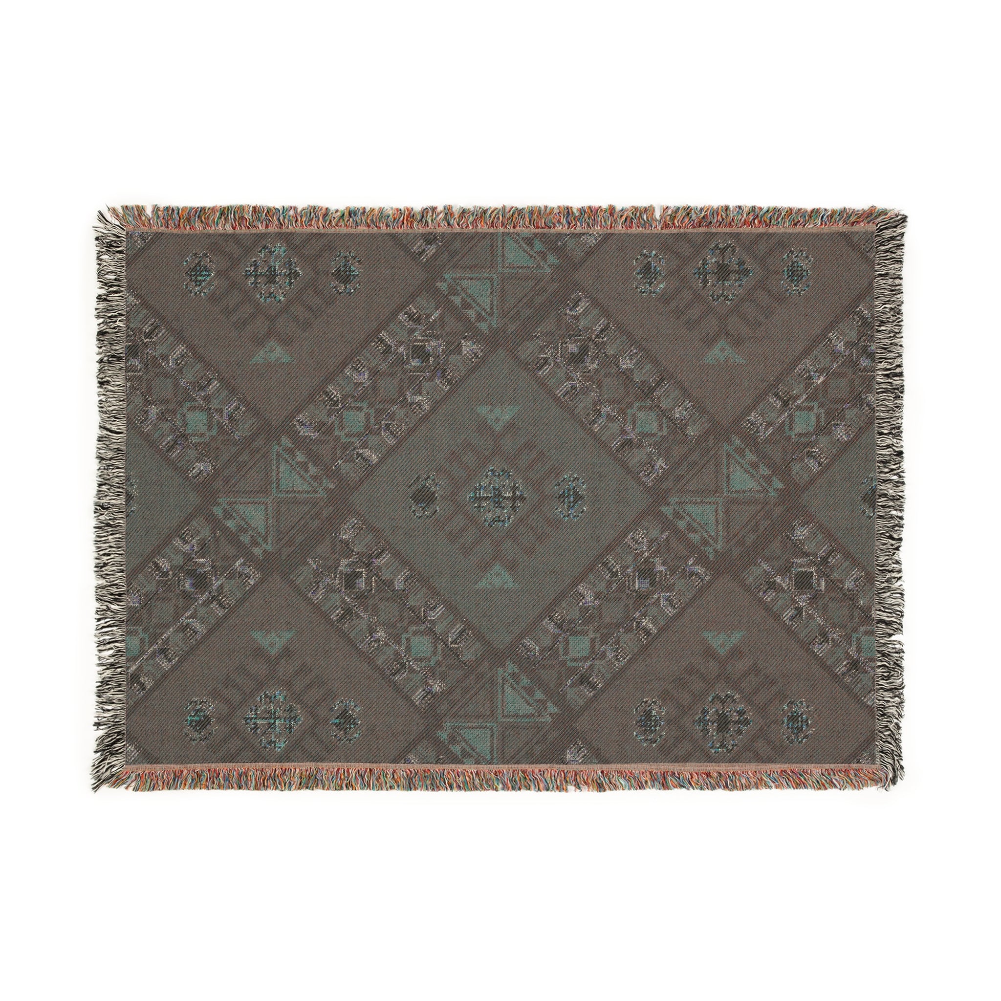 Decorative throw blanket with geometric pattern on a white background