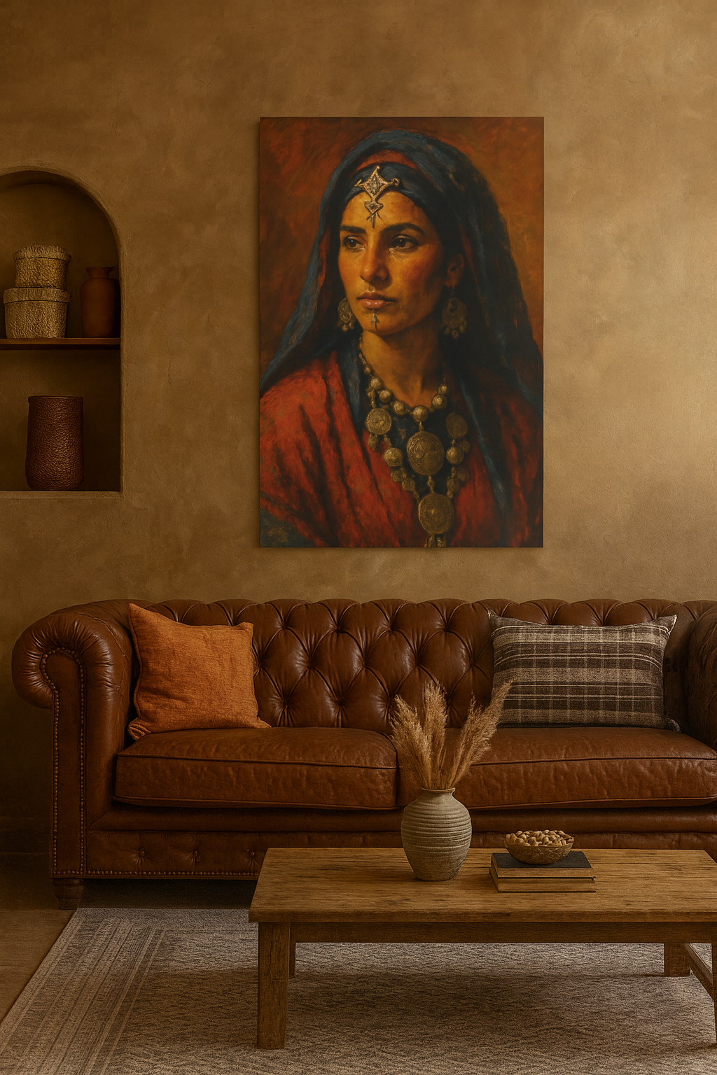 Compare sizes of the Amazigh Berber Woman Portrait Canvas — available in 20″×30″, 24″×36″, and 32″×48″. Elegant Moroccan heritage wall art for home decor.
