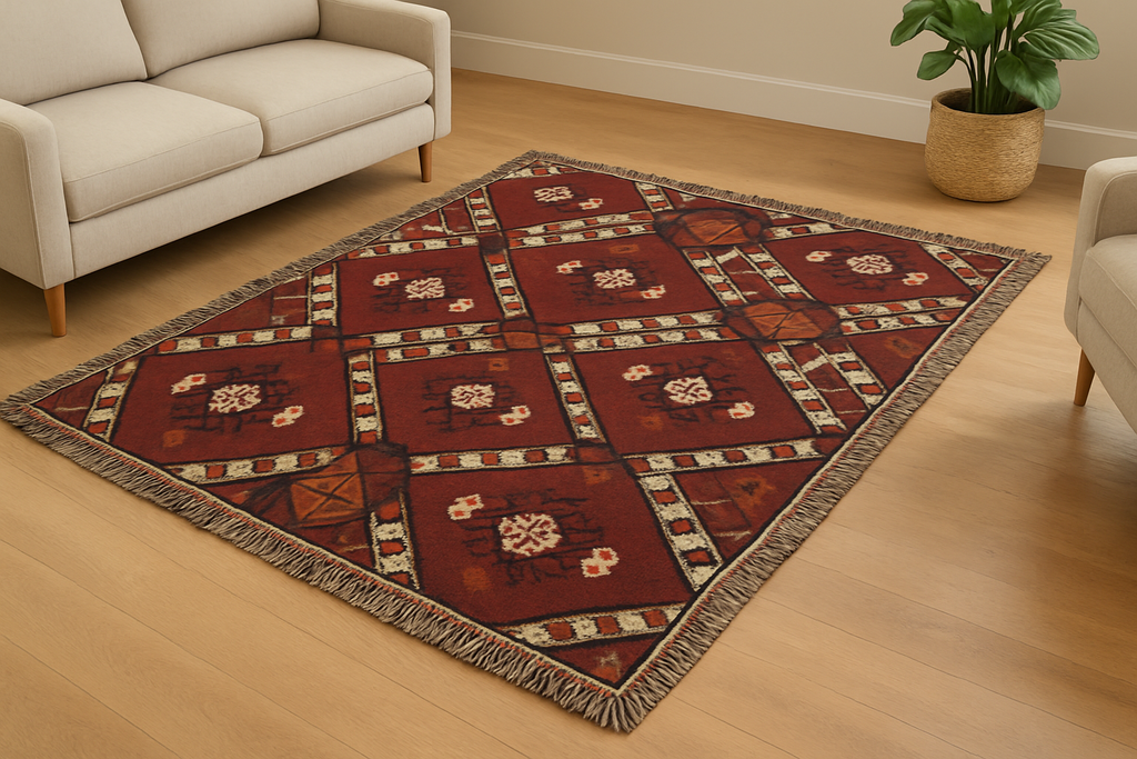 Large 80x60 Asirem boho throw blanket with bold geometric patterns in red and brown