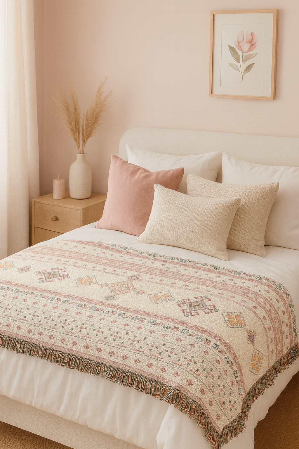 Pink Boho Woven Throw Blanket – Geometric Stripe Pattern in Cream and Terracotta (52'' × 37'')