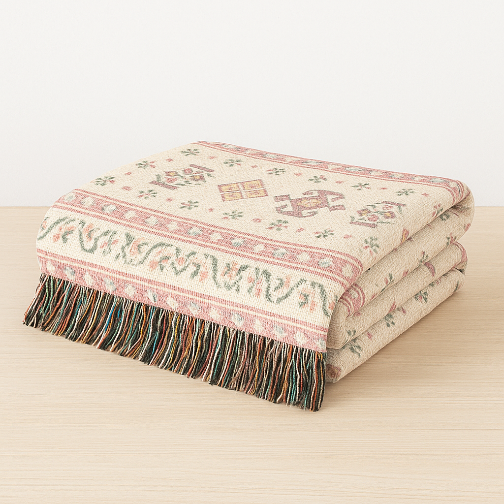 Pink Boho Woven Throw Blanket – Geometric Stripe Pattern in Cream and Terracotta (52'' × 37'')