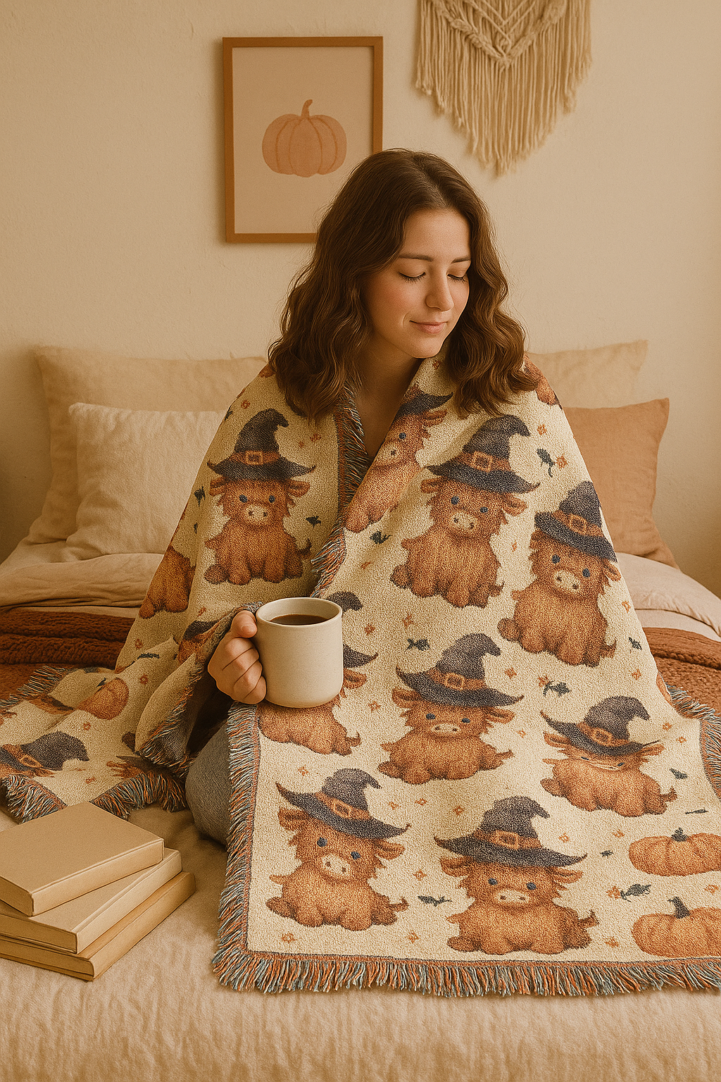 Halloween Highland Cow Blanket | Cozy Woven Throw with Witch Hat Cows & Pumpkins | Boho Fall Decor