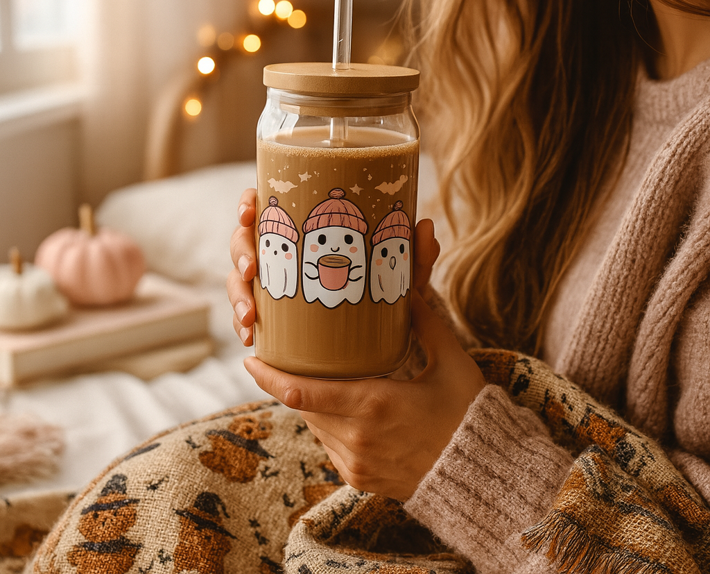 Cute Ghost Tumbler with Bamboo Lid & Straw | Pastel Halloween Coffee Glass | Cozy Fall Girly Mug