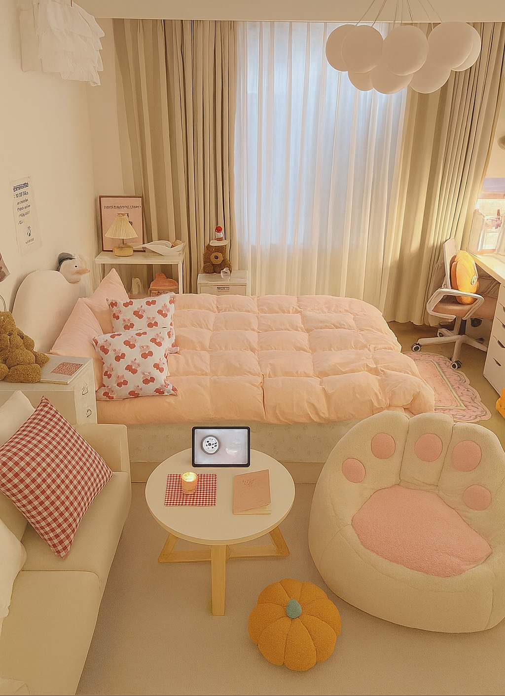 Cozy bedroom with a bed, sofa, and decorative items.
