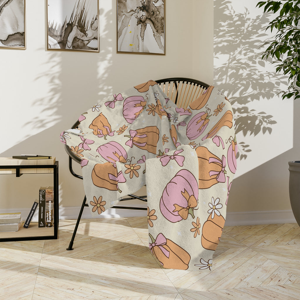 Pastel Pumpkin Halloween Blanket | Cozy Girly Fall Throw with Pink & Orange Pumpkins | Cute Autumn Decor