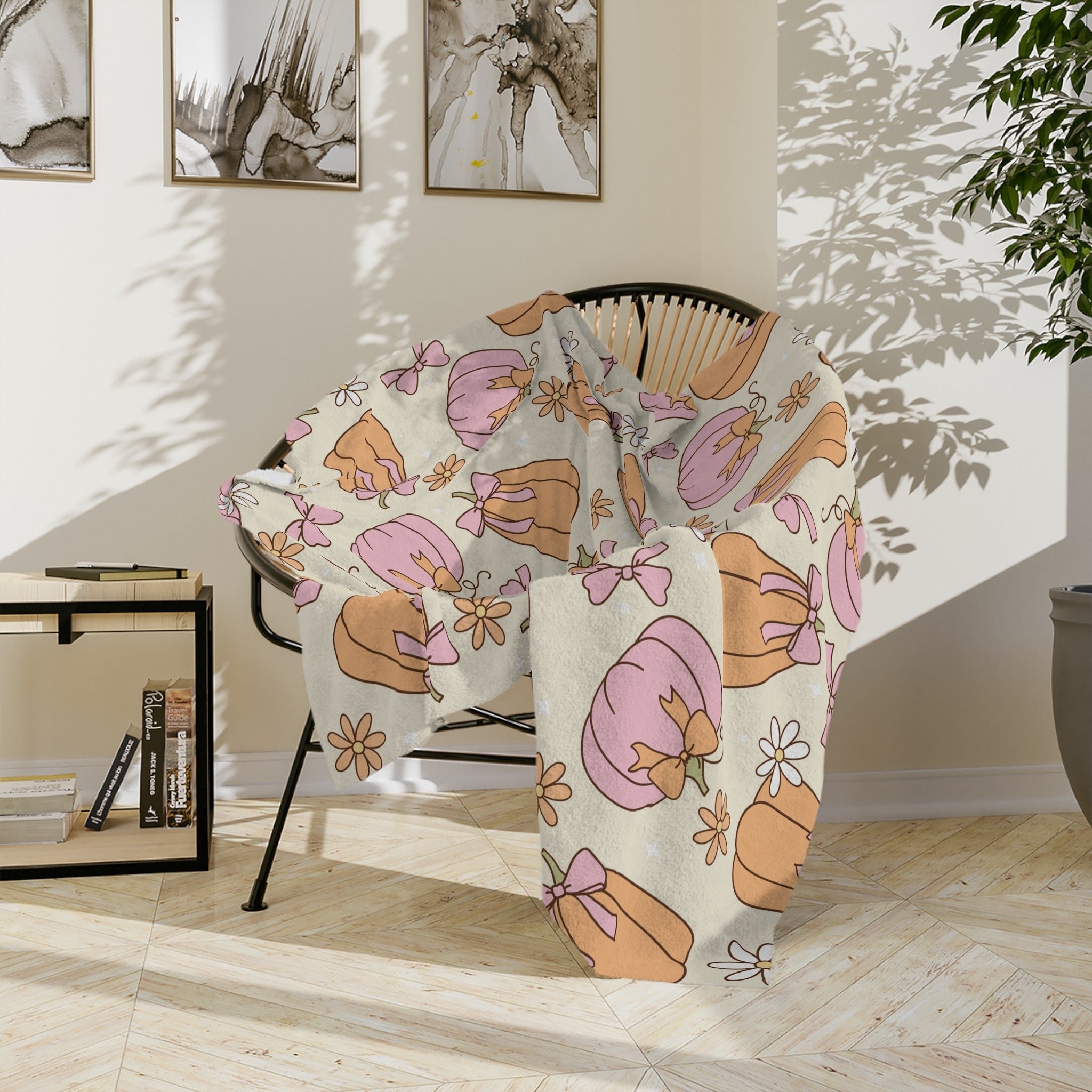 Pastel Pumpkin Halloween Blanket | Cozy Girly Fall Throw with Pink & Orange Pumpkins | Cute Autumn Decor