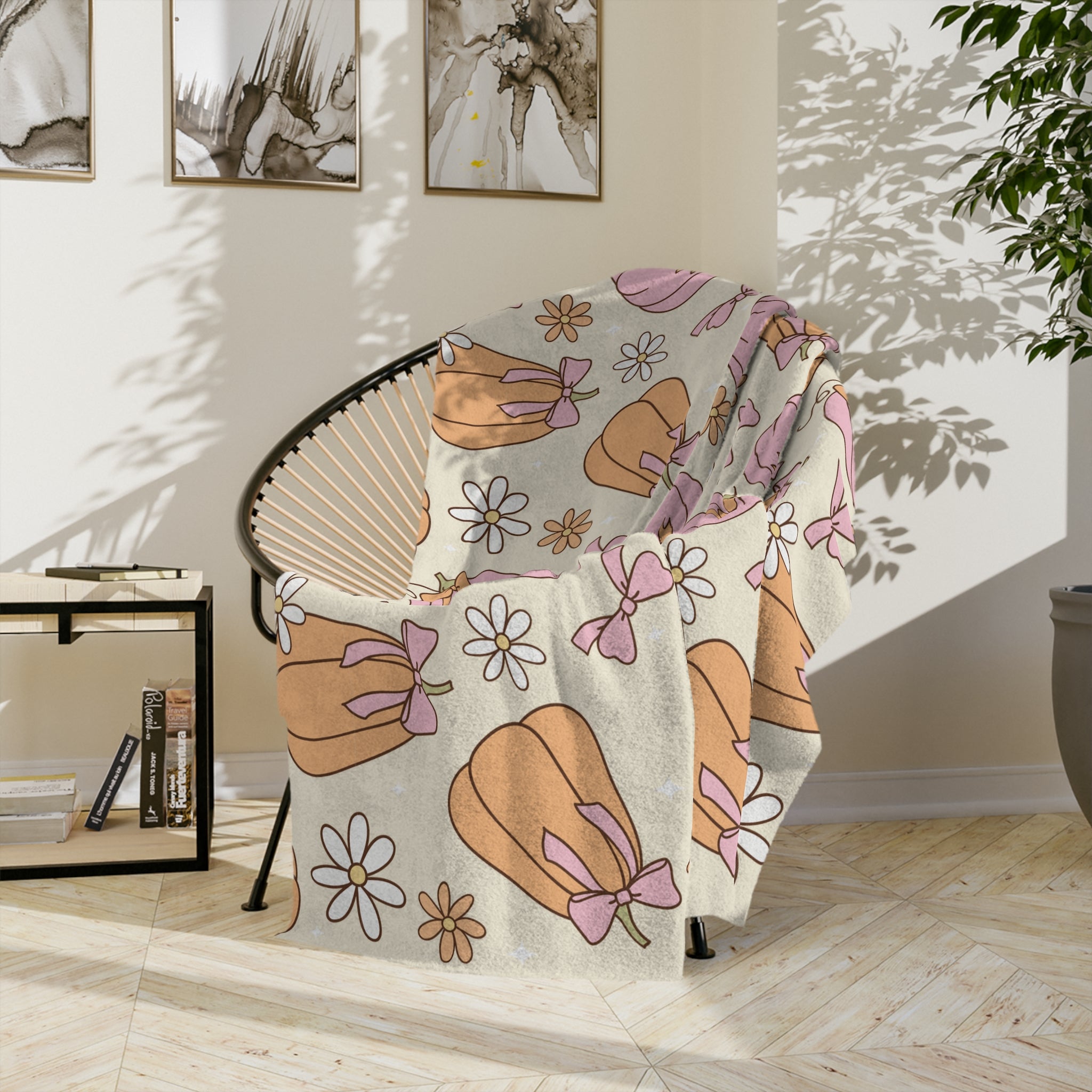 Pastel Pumpkin Halloween Blanket | Cozy Girly Fall Throw with Pink & Orange Pumpkins | Cute Autumn Decor