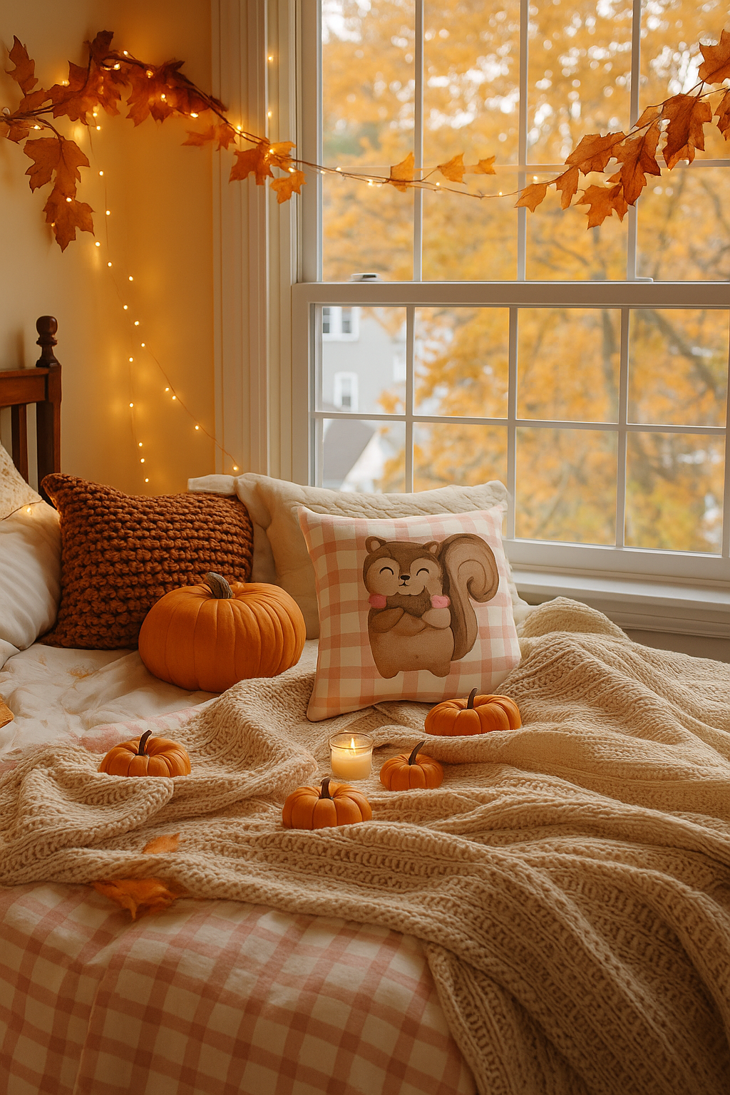 Cozy bedroom with autumn decorations including pumpkins, a plaid blanket, and a window view of trees.