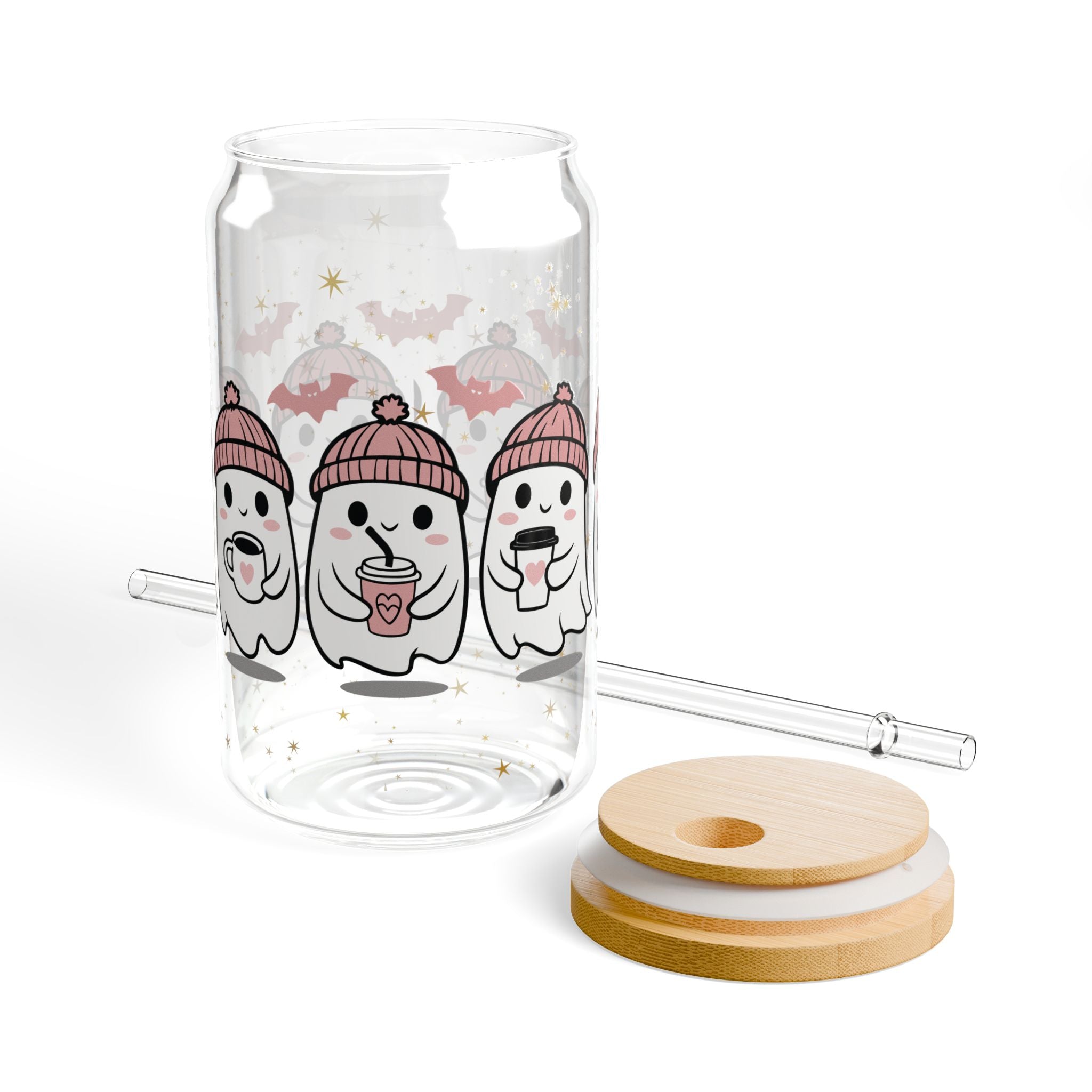 Cute Ghost Tumbler with Bamboo Lid & Straw | Pastel Halloween Coffee Glass | Cozy Fall Girly Mug