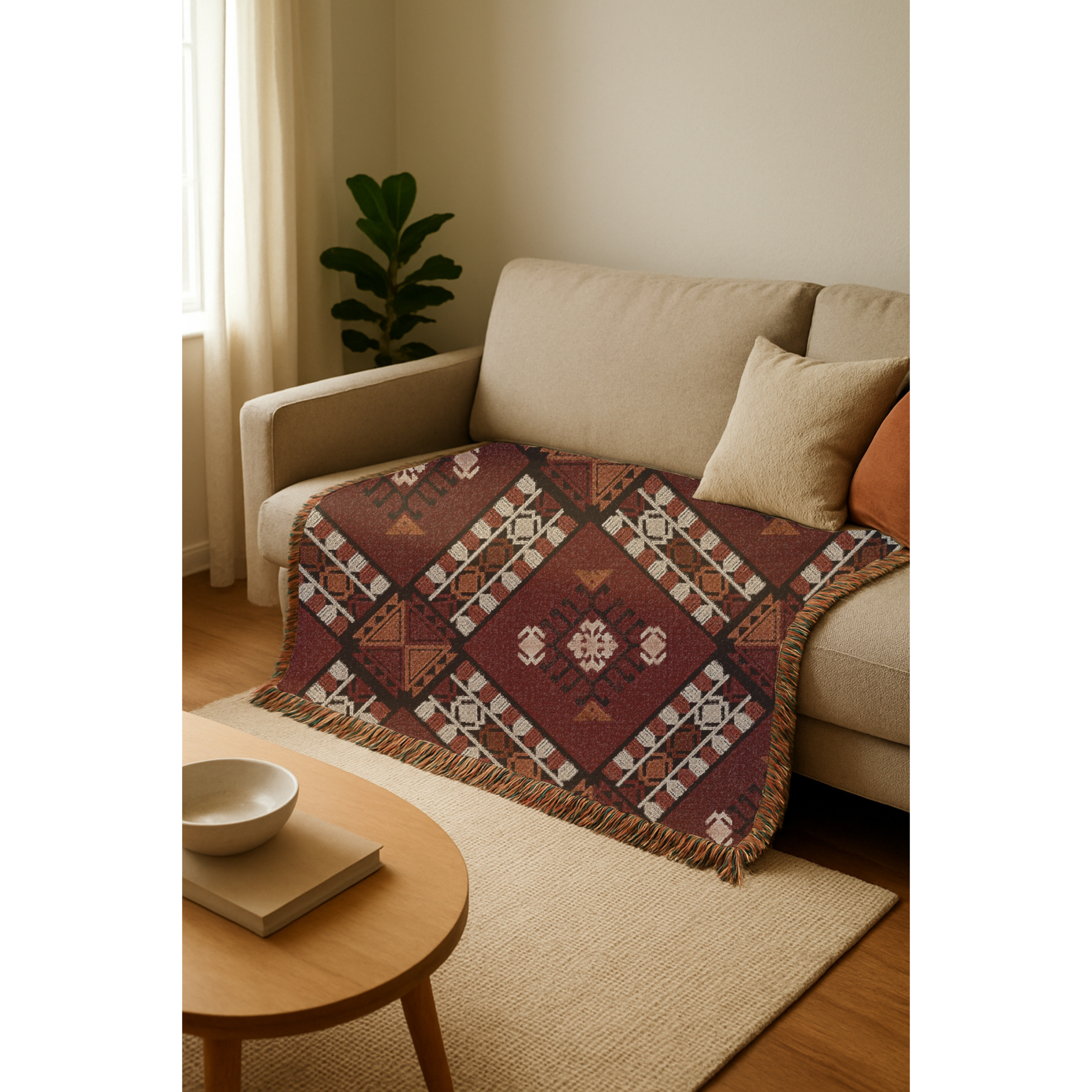 Beige armchair with a patterned blanket draped over it in a living room setting.
