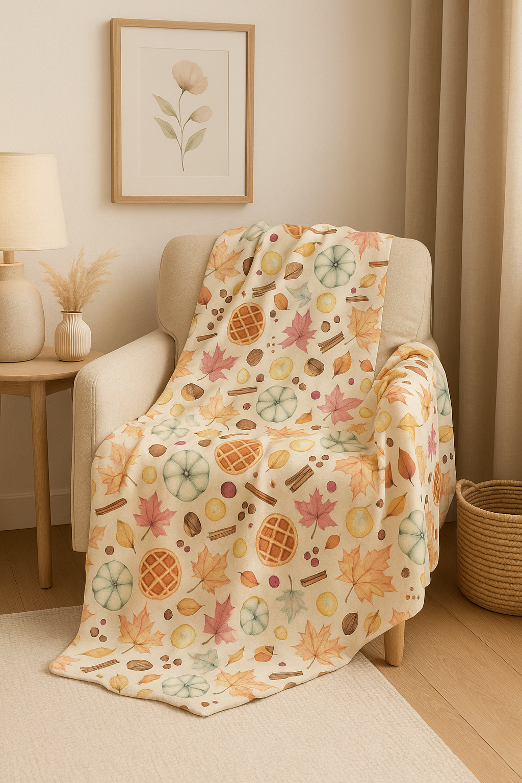 Fall-themed fleece throw blanket with watercolor pumpkins, leaves, and cinnamon sticks casually draped over a beige armchair in a cozy corner.