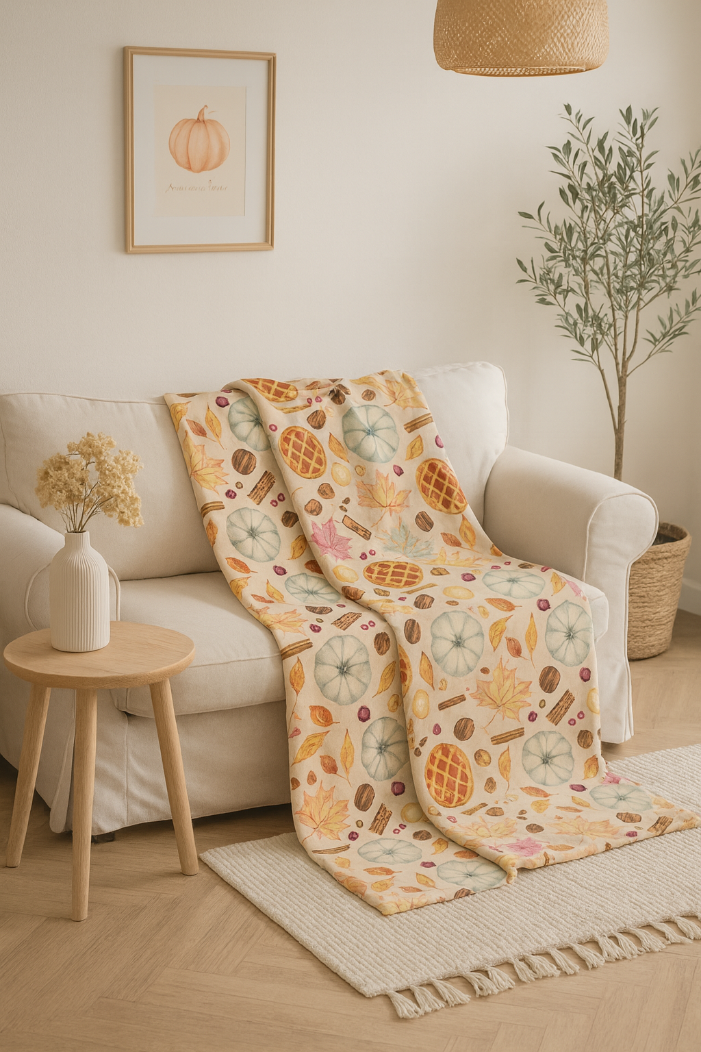 Fall-themed fleece throw blanket with watercolor pumpkins, leaves, and cinnamon sticks casually draped over a beige armchair in a cozy corner.